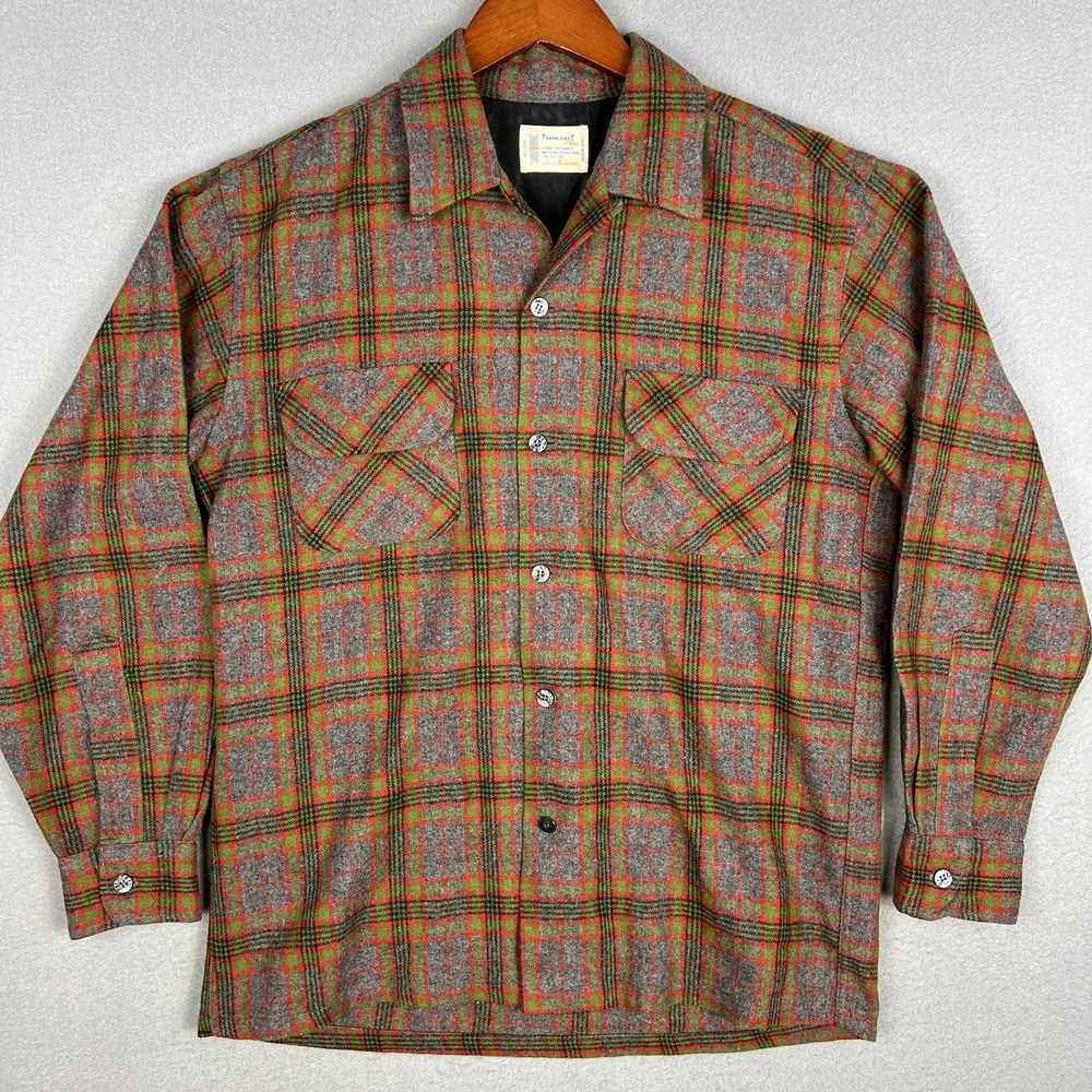 VTG 60s Towncraft Plus Loop Collar Shirt Mens M Plaid Wool Flannel Made in Japan